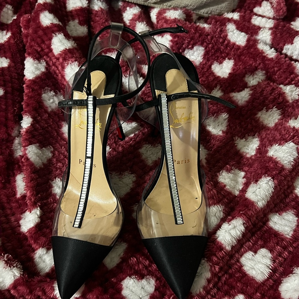 Christian Louboutin T- Strap crystal black satin heels size 37
